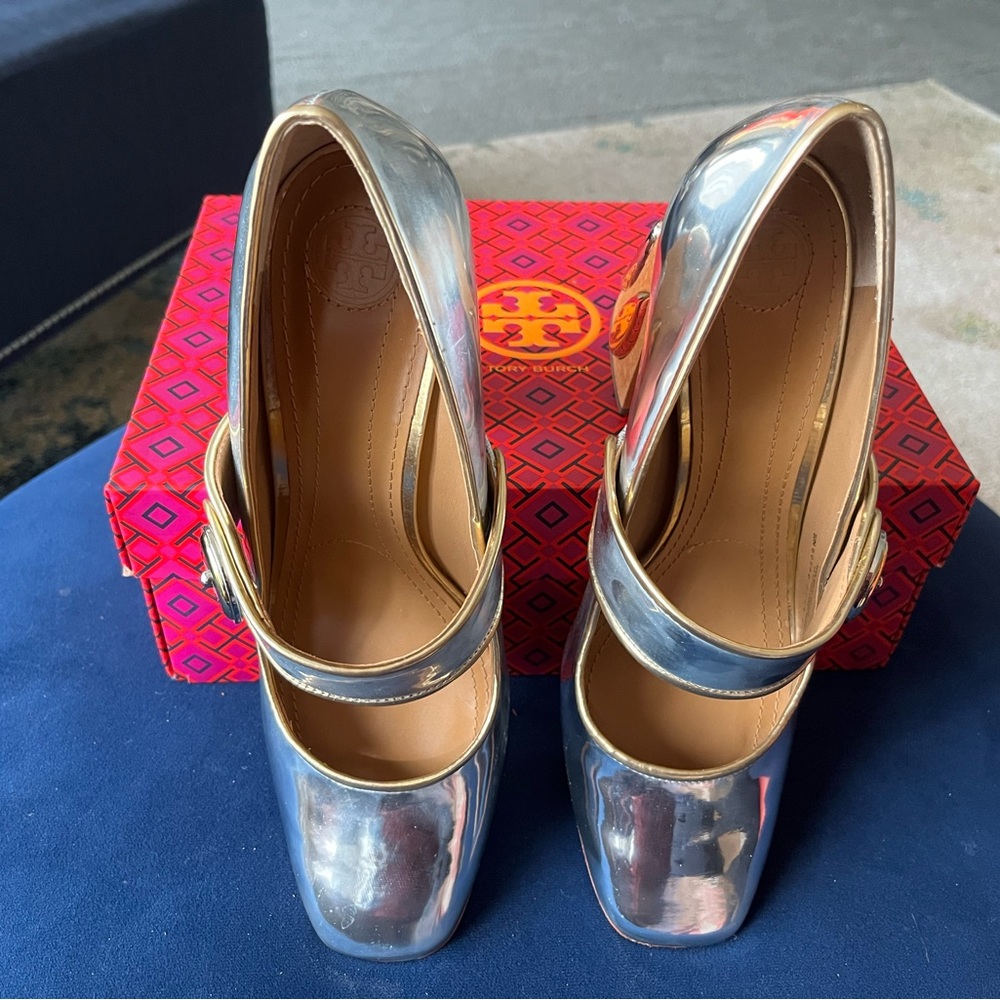 Tory Burch Metallic Silver Heels with Gold Block - Picture 2 of 6